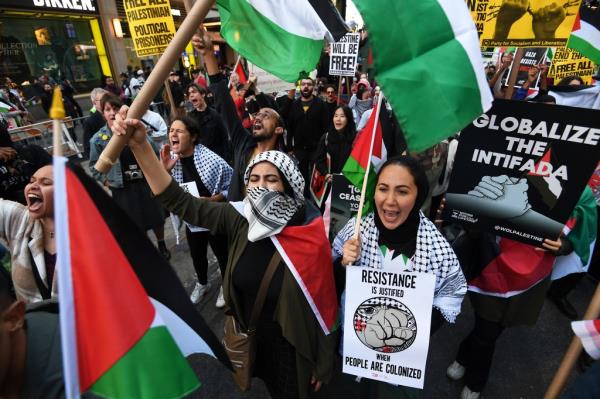 Supporters of Palestine gather in Times Square as an "International Day of Jihad" has been called to action